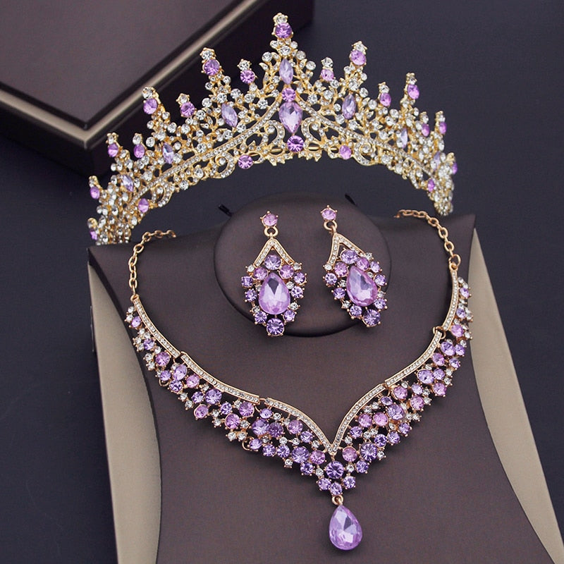 Luxury Purple Crystal Bridal Jewelry Sets for Women Crown Earring Neck ...