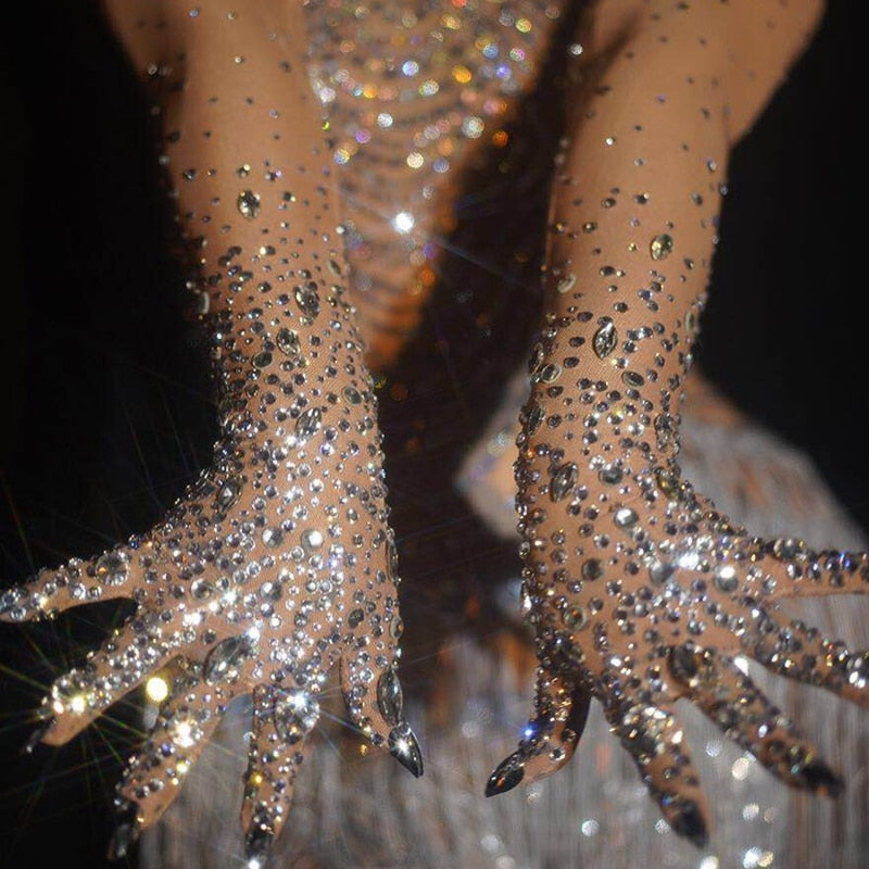Luxurious Stretch Rhinestones Gloves Sparkly Crystal Mesh Long Gloves Dancer Singer Nightclub Dance Stage Show Accessories