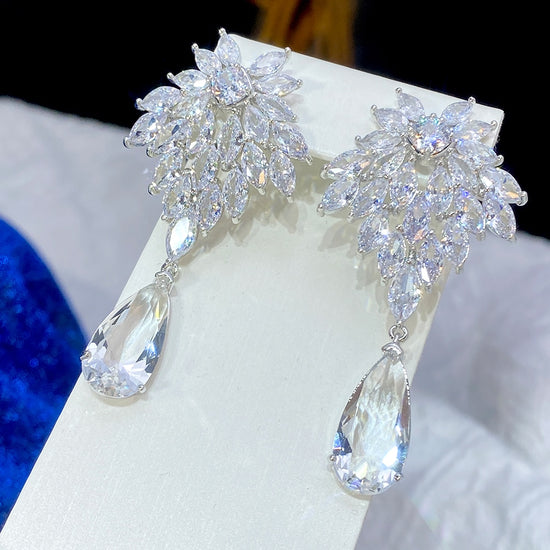 Luxury Cubic Zirconia Long  Water Drop Pendant Wedding Party Earrings