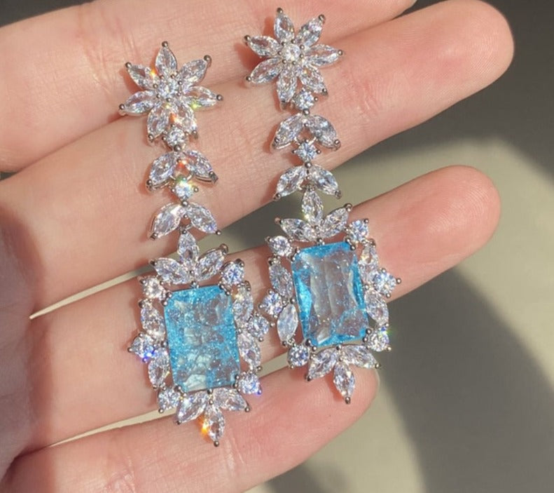 Vintage Square Leaf Cubic Zirconia Drop Earrings Exquisite Blue Banquet Jewelry