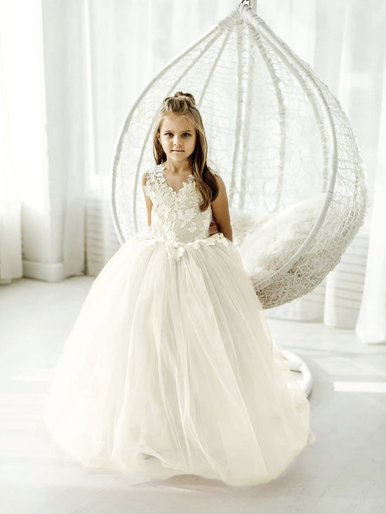 Tulle Lace Flower Girl Dress Bow Tie Back Princess Party Dress