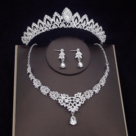 Load image into Gallery viewer, 16 Clear Crystal Tiara Crown Necklace Earring Wedding Day Jewelry Sets
