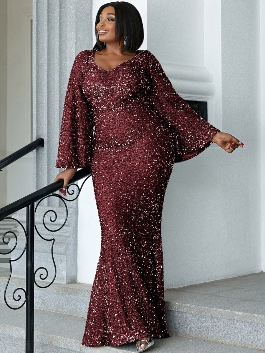 Plus Size Sequined Sweetheart Party Maxi Trumpet Sleeve Gown