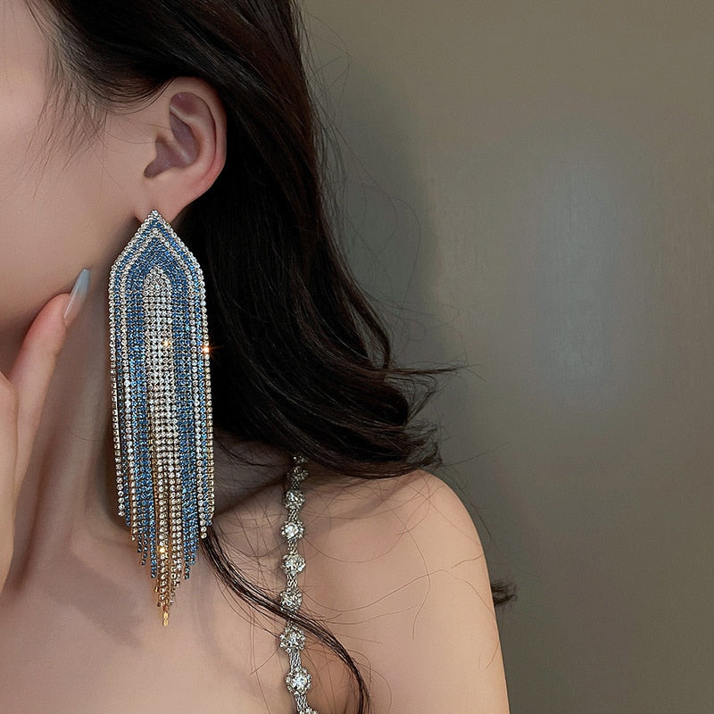 Load image into Gallery viewer, Fashion Full Rhinestone Drop Earrings Oversize Long Tassel Crystal Earrings
