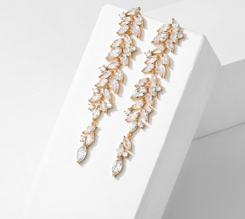 Shiny Cubic Zirconia Leaf Bridal Drop Earrings Luxury Long Tassels
