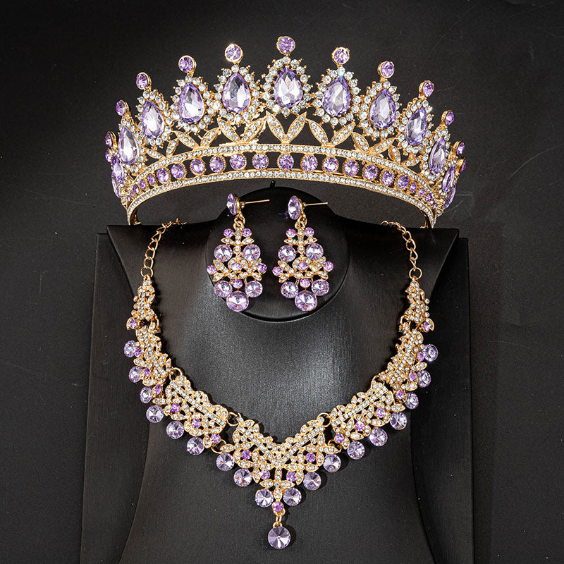 KMVEXO Pink Purple Crystal Jewelry Sets Princess Tiara Crown Earring Necklace Accessories HX026 Red 3pcs
