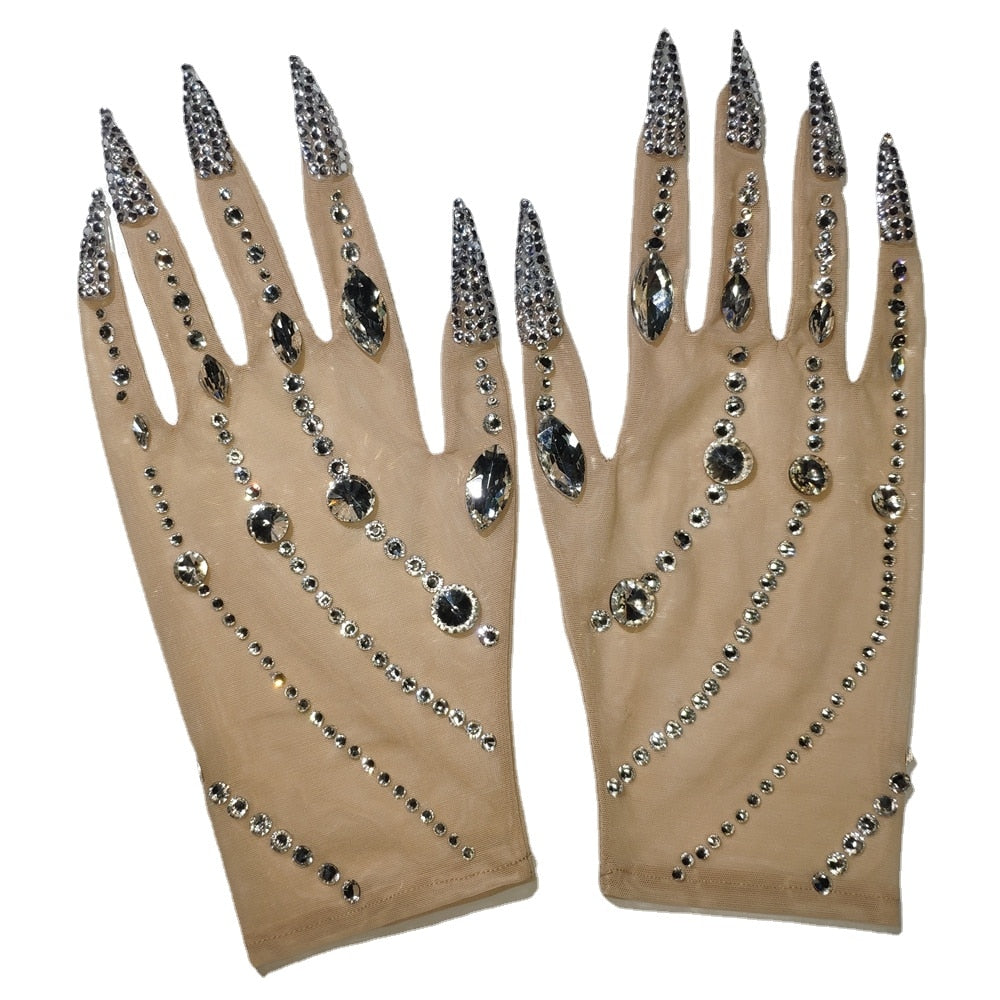 Sparkly Crystal Pearls Short Gloves Performance Show Accessories