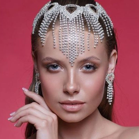 Heart Crystal Rhinestone Mesh Tassel Headpiece Wedding Head Chain Jewelry