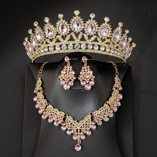 Load image into Gallery viewer, Pink Purple Crystal Jewelry Sets Princess Tiara Crown Earring Necklace  Accessories
