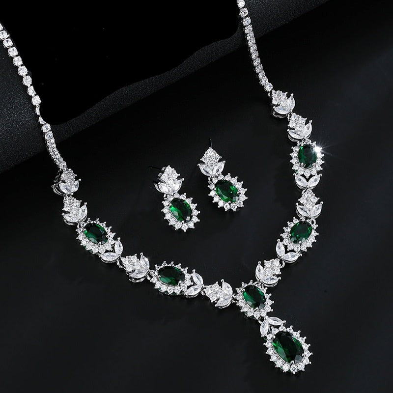 Luxury Green Cubic  Zirconia Crystal Necklace and Earrings Jewelry Set