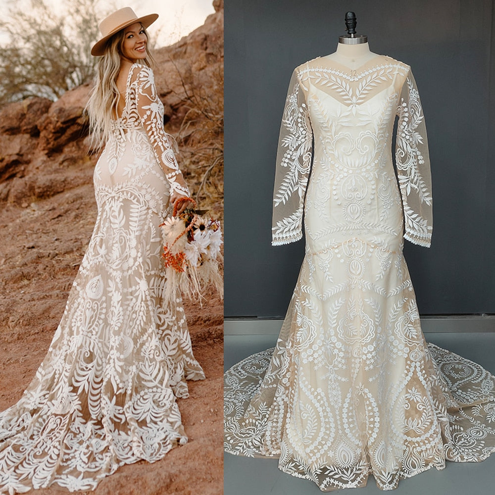 
                      
                        Country Boho Beach Destination Wedding Dress Two Pieces Lace Illusion Mermaid Bridal Gown
                      
                    