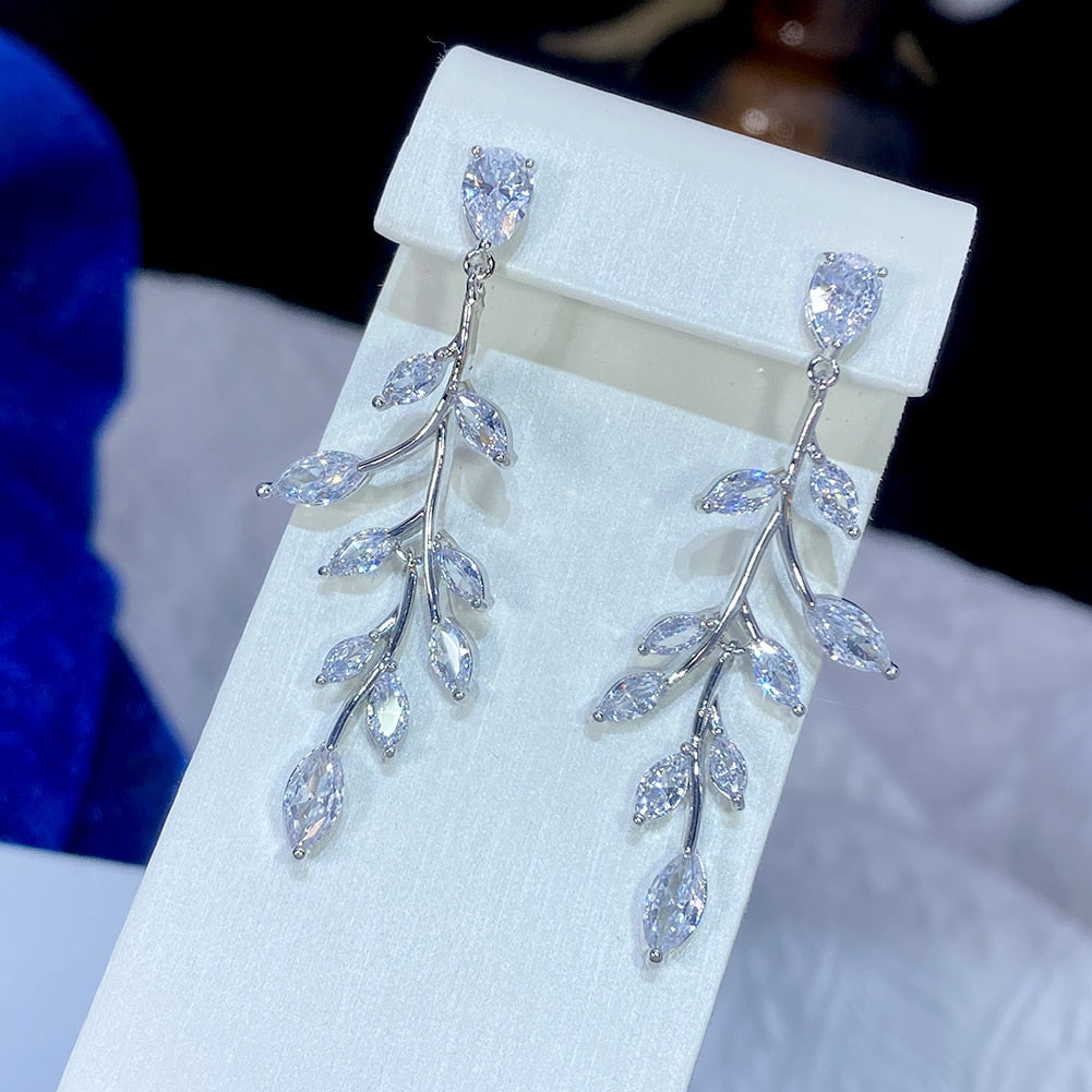Sparkling Cubic Zirconia Long Draping Leaf Earrings Wedding  Jewelry Accessory