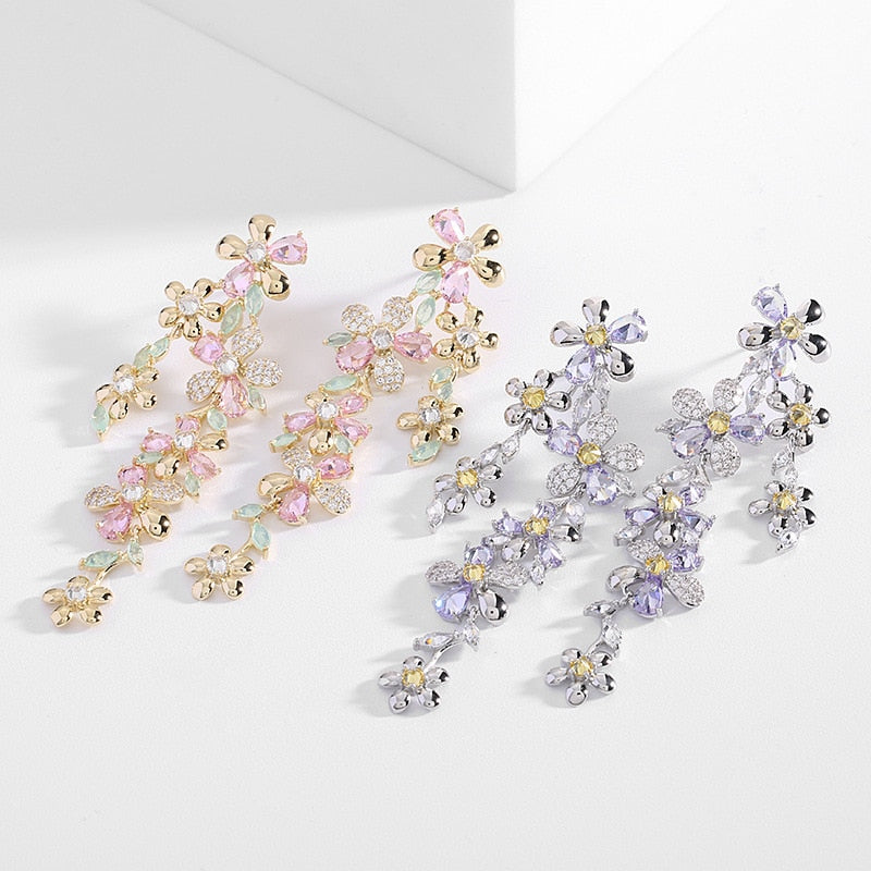 
                      
                        Long Pink or Purple Flowers Zirconia Crystals Dangle Earrings
                      
                    
