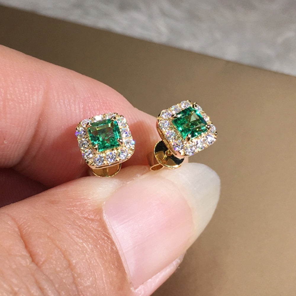 Green Cubic Zirconia Stud Earrings for Women Wedding Elegant Jewelry Accessory