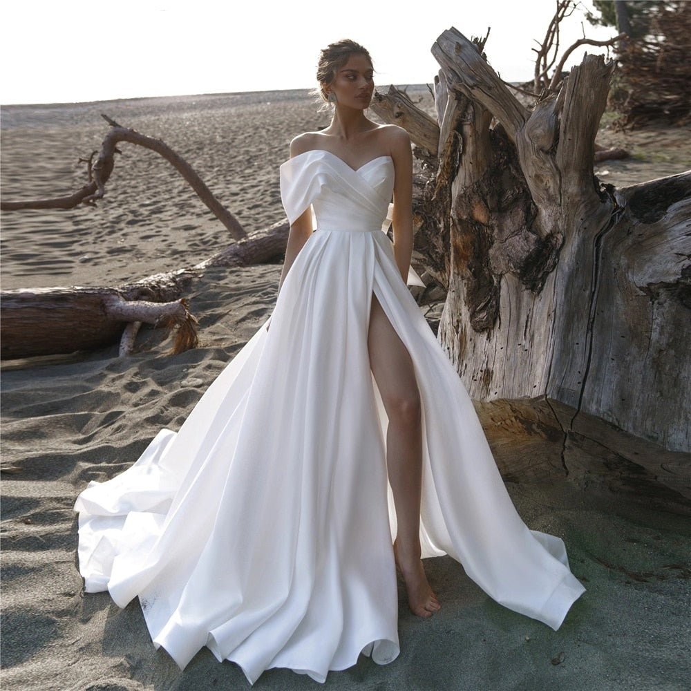 Satin A Line Boho Wedding Dress One Shoulder Bridal Gown – TulleLux Bridal Crowns &
