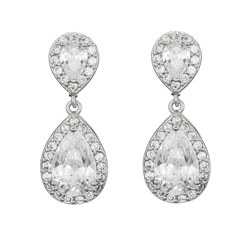 Classic Water Drop Crystal Zirconia Dangle Earrings Bridal Wedding Jewelry