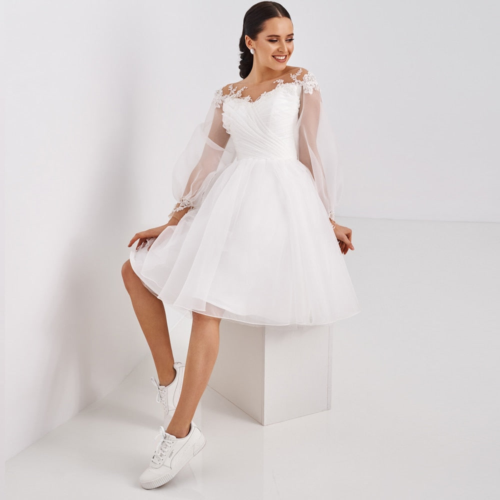 Short A Line Wedding Dress Knee Length Long Sleeves Lace Bridal Gown