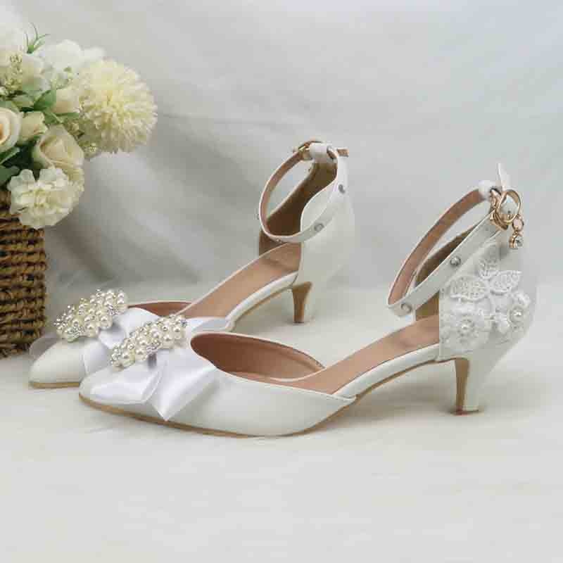 White Lace Flower Buckle Ankle Strap Bridal Dress Shoes