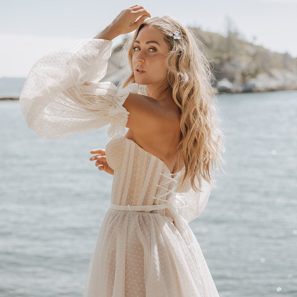 
                      
                        Lantern Sleeve Sweetheart Polka Dot Tulle A Line Wedding Dress
                      
                    