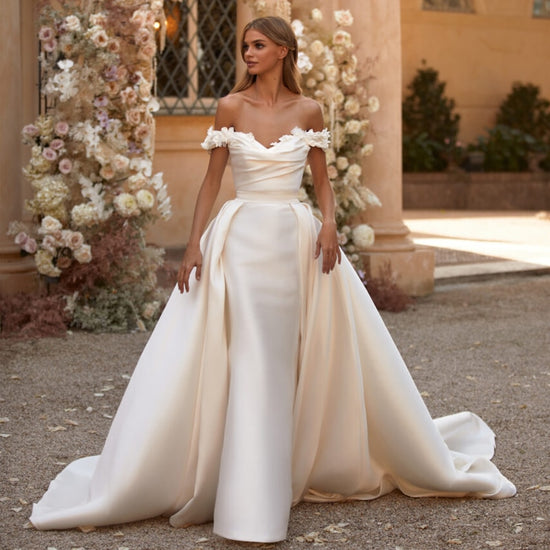 Satin Off Shoulder Elegant Wedding Bridal Dress With Detachable Train Gown