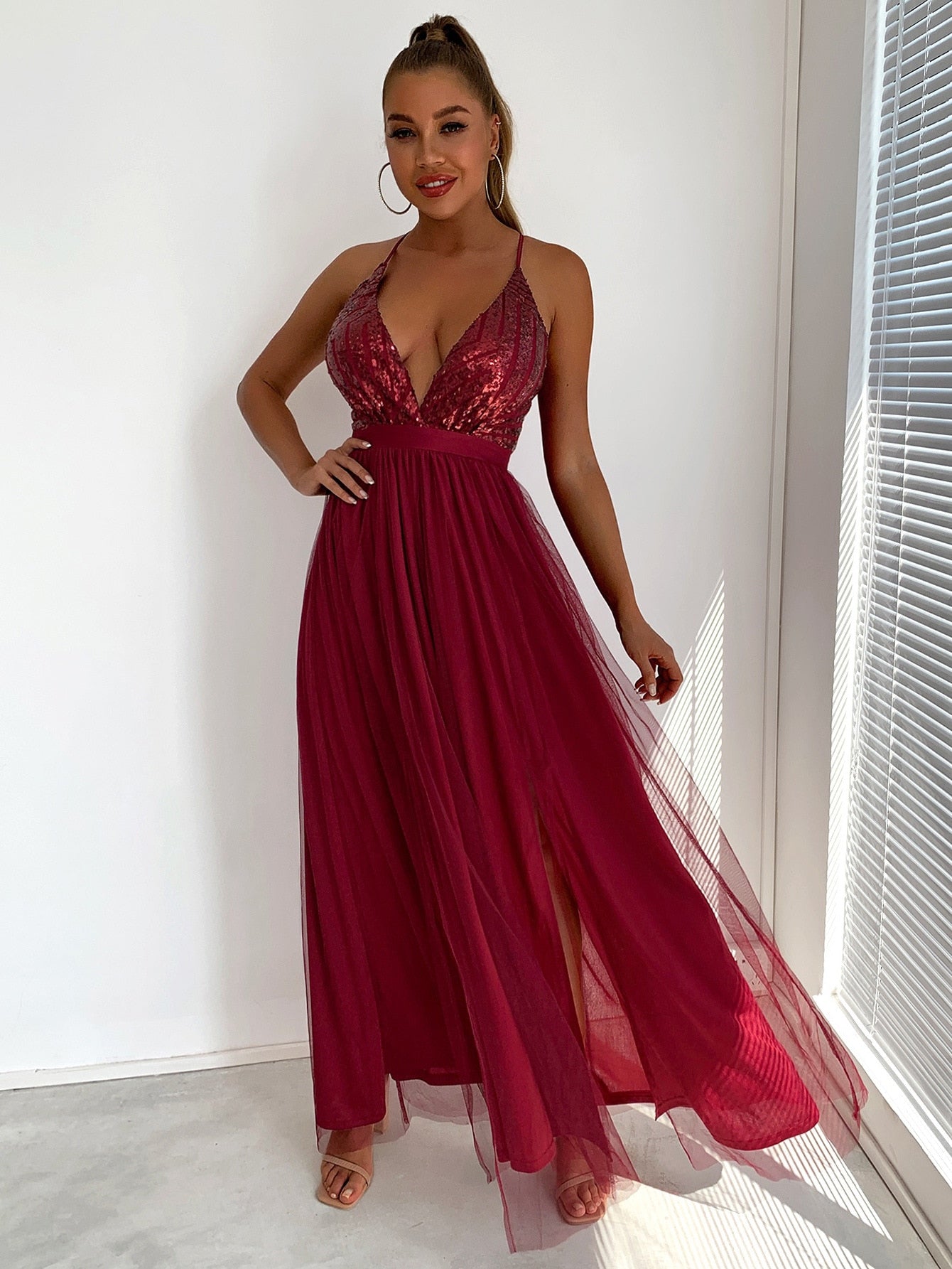 Wine Sequin and Satin Backless Split Party Dress - Promfy