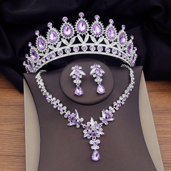 Load image into Gallery viewer, Fashion Purple Crystal Bridal Jewelry Sets Tiaras Earrings Necklace Prom Wedding Crown Jewelry Set
