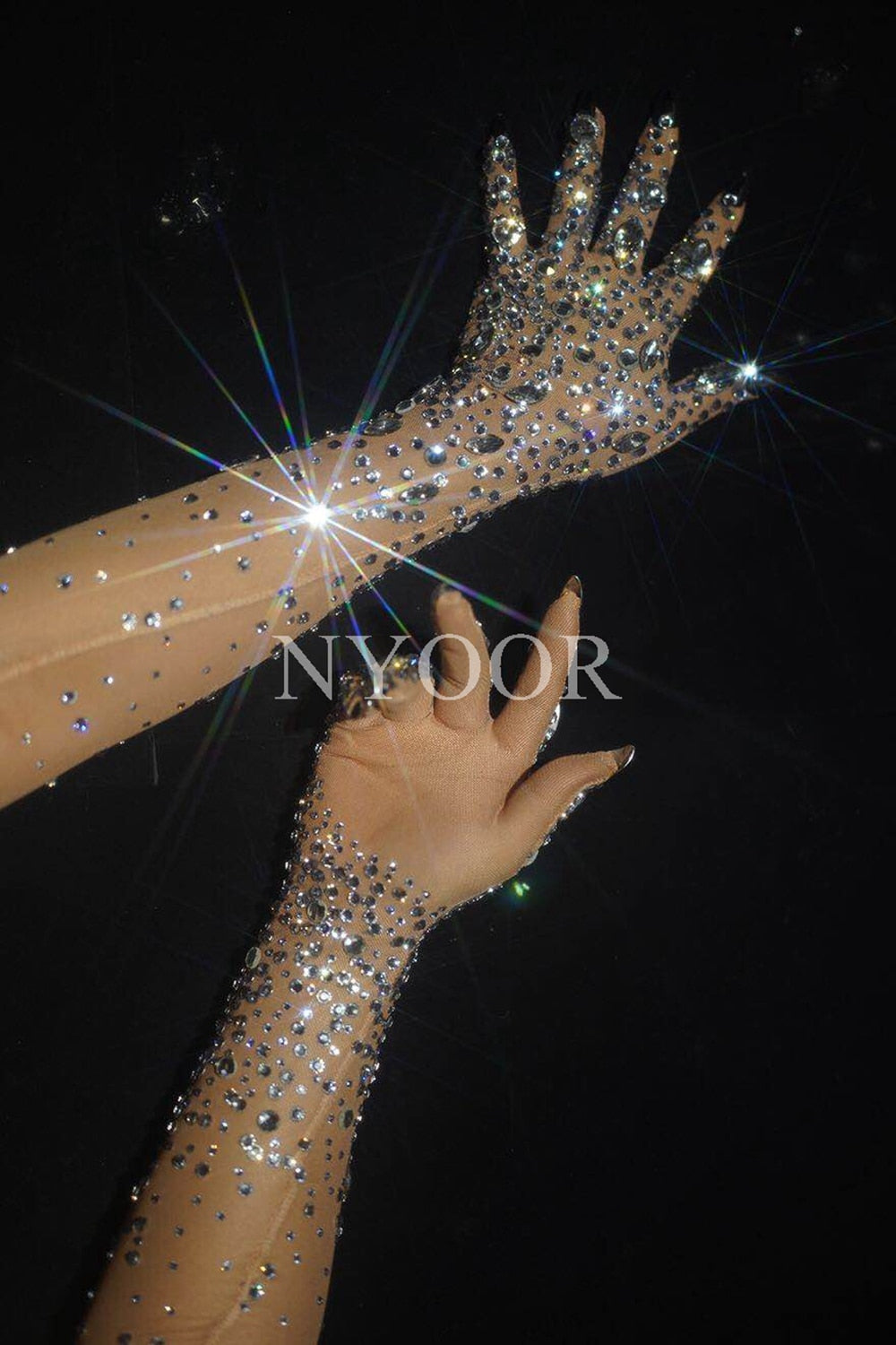 Load image into Gallery viewer, Luxurious Stretch Rhinestones Gloves Sparkly Crystal Mesh Long Gloves Dancer Singer Nightclub Dance Stage Show Accessories
