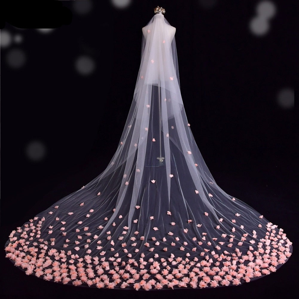 3D Pink Flower Wedding Veil Long Bridal With Blusher Cathedral  Veil