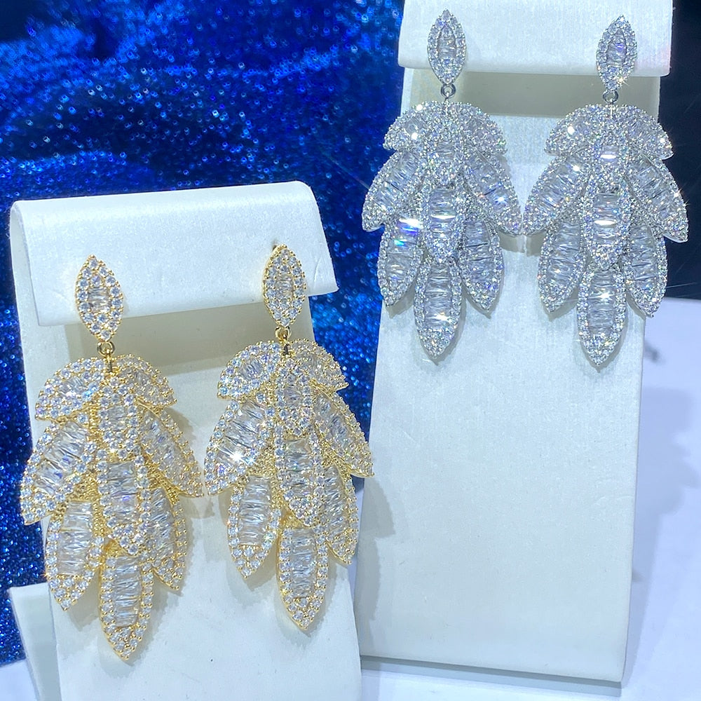 Trendy Leaf Dangle Earrings Cubic Zirconia Micro Setting Jewelry