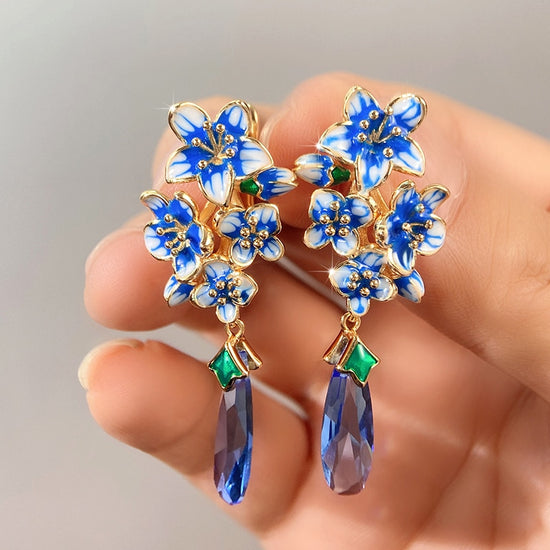 Blue Morning Glory Earrings Gold Color Romantic Flower Jewelry