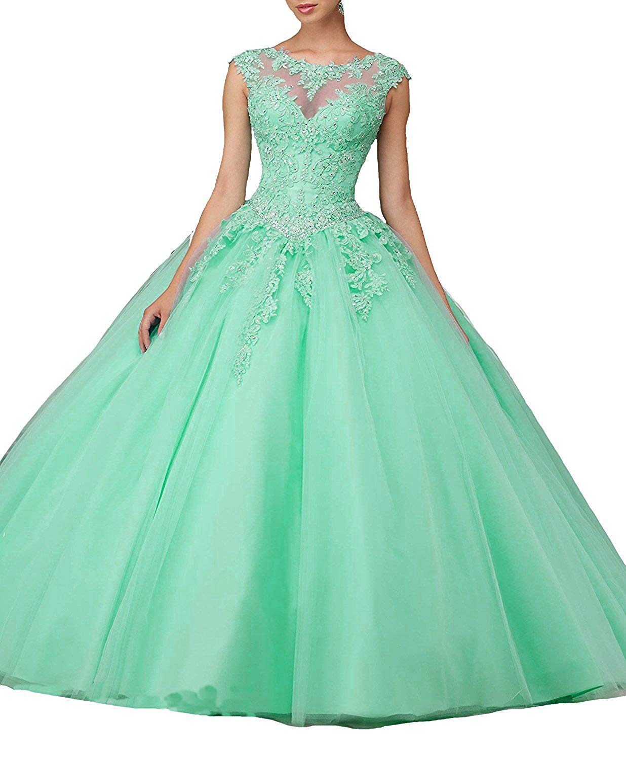 Load image into Gallery viewer, Quinceañera Beaded Scoop Neck Lace Sweet 16 Birthday Dress
