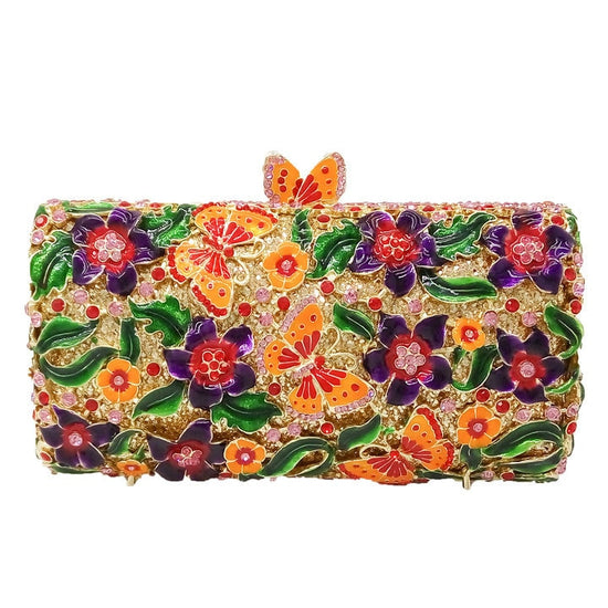 Multicolored Flowers  Butterfly Crystal Clutch Evening Bag Wedding Purse