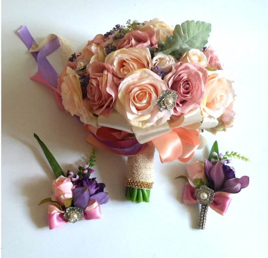 Load image into Gallery viewer, Wedding Bouquet Set Boutonniere and Wrist Flower Corsage Bouquet Bridesmaid Bridal Bouquet - TulleLux Bridal Crowns &amp;amp;  Accessories 
