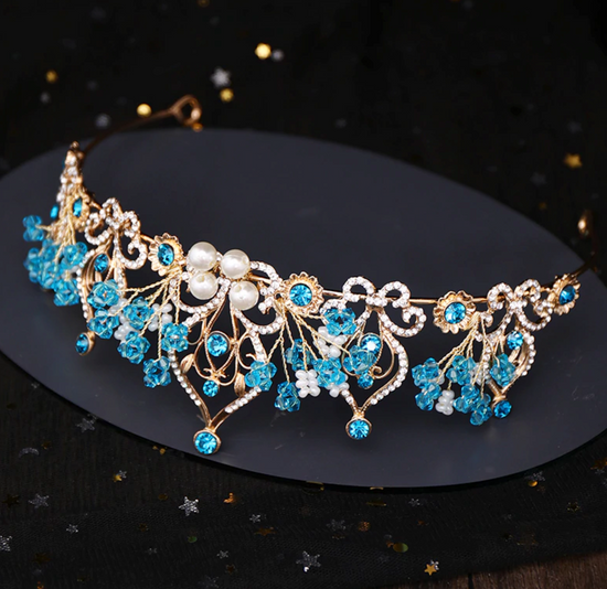 Princess Crown Flower Pearl Blue Crystal Bridal Tiara Prom Birthday Hair Accessory - TulleLux Bridal Crowns &  Accessories 