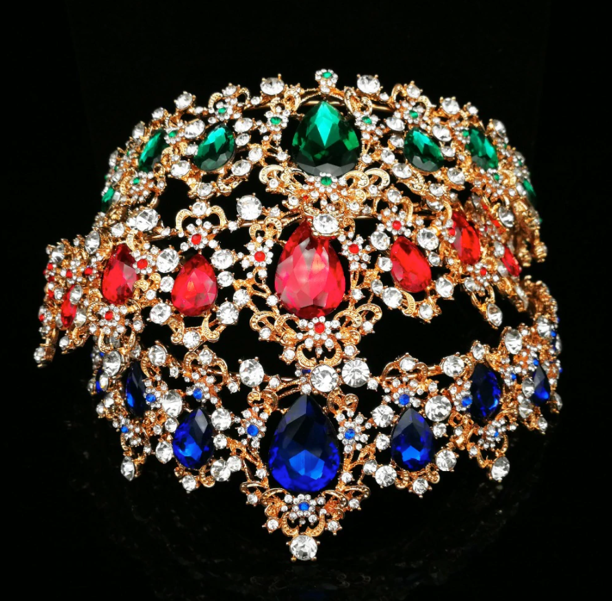 Load image into Gallery viewer, Baroque  Red Blue Green Crystal Bridal Tiaras Crown Vintage Gold Hair Accessory Wedding Rhinestone Diadem Pageant Crowns - TulleLux Bridal Crowns &amp;amp;  Accessories 
