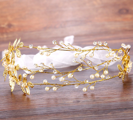 Romantic Handmade Ribbon Gold Leaves Crystal Pearl Headband Wedding Br ...