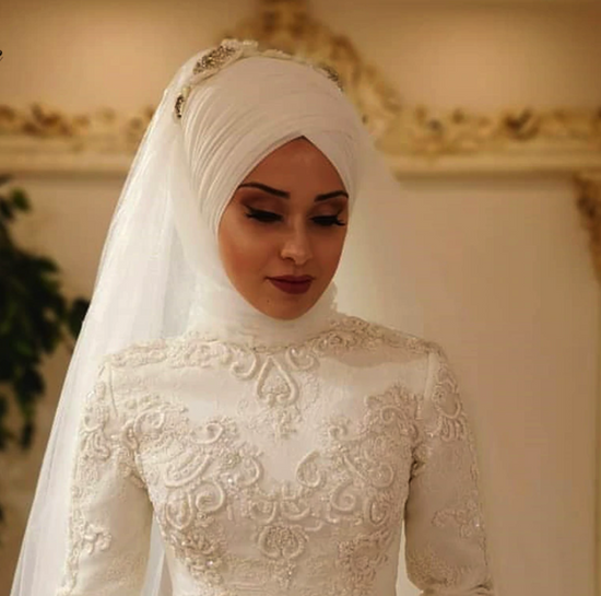 Elegant Long Sleeve O Neck Muslim Tulle Wedding Dress, Plus+ Sizes Available - TulleLux Bridal Crowns &  Accessories 