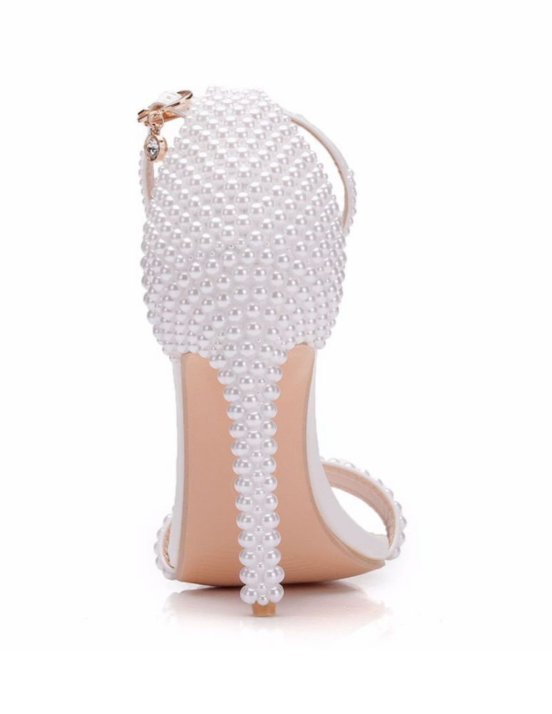White Pearl Ankle Strap Party Dress Shoes Open Toe High Heel Pumps White As Shown 37 US Size 6