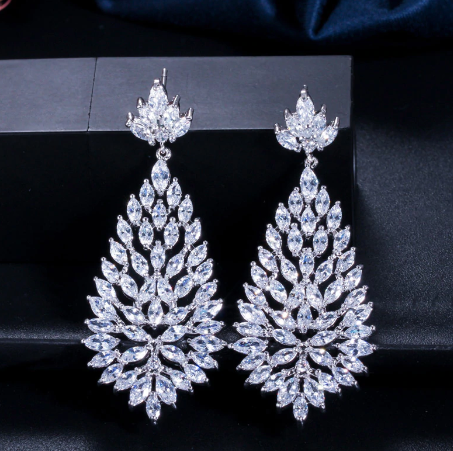 Cubic Zirconia Stones Jewelry Silver Big Blooming CZ Earrings - TulleLux Bridal Crowns &  Accessories 