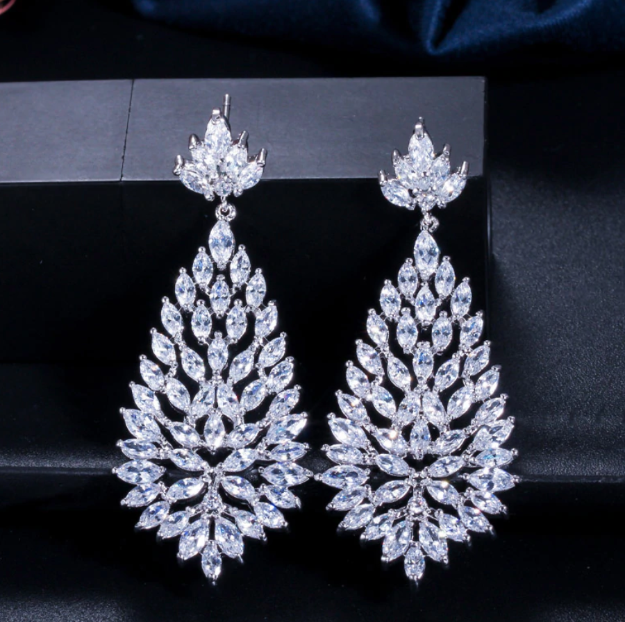 Load image into Gallery viewer, Cubic Zirconia Stones Jewelry Silver Big Blooming CZ Earrings - TulleLux Bridal Crowns &amp;amp;  Accessories 
