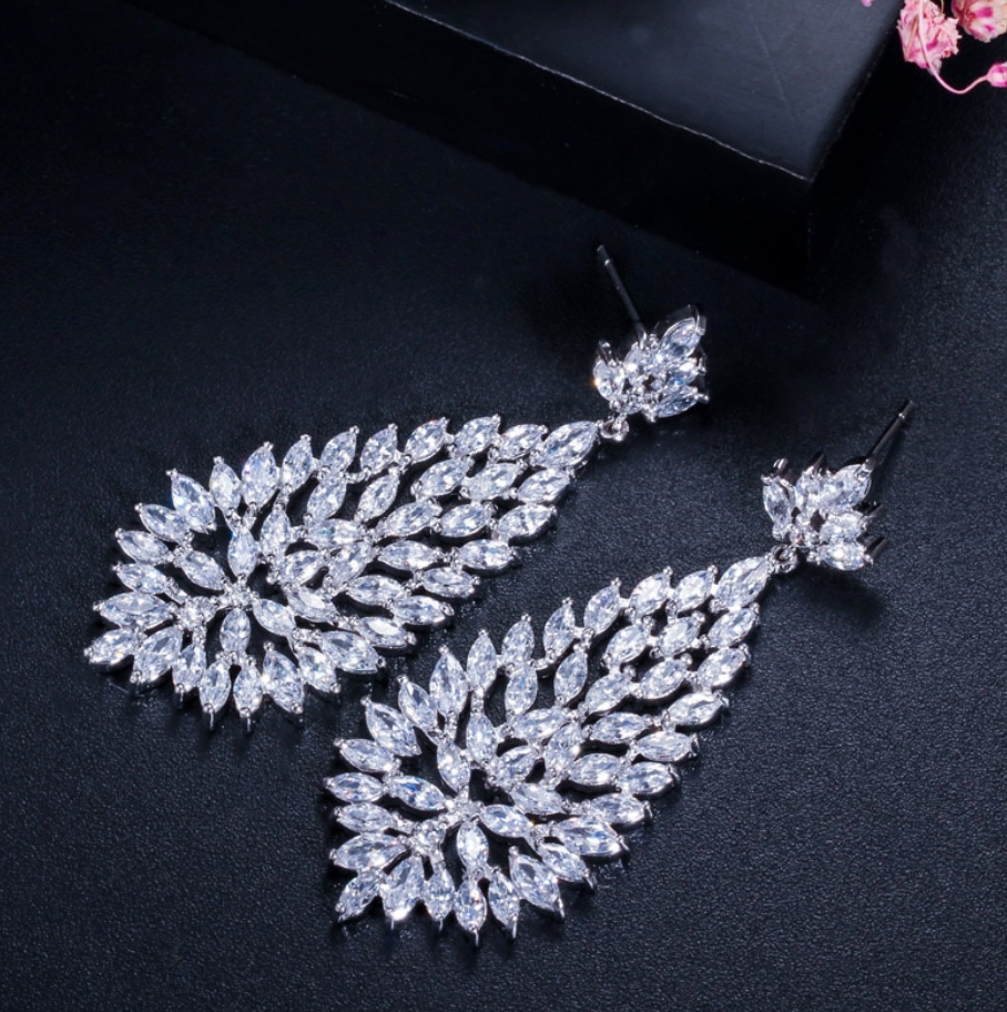 Cubic Zirconia Stones Jewelry Silver Big Blooming CZ Earrings - TulleLux Bridal Crowns &  Accessories 