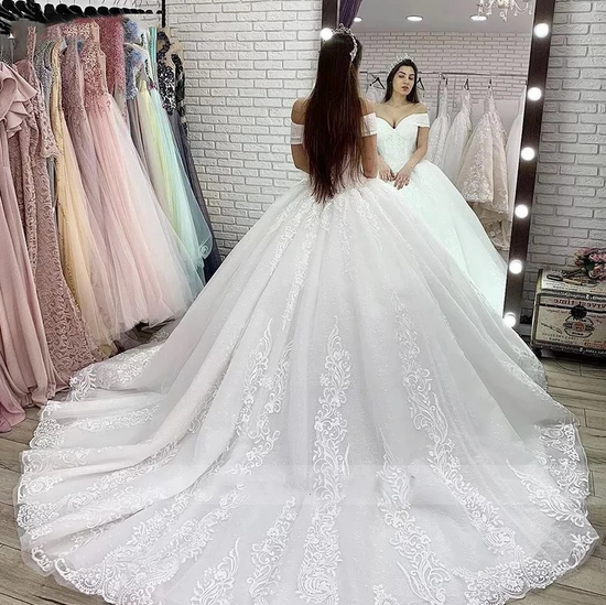 Load image into Gallery viewer, Luxury Beaded Princess Wedding Dress Lace Appliques Ball Gown - TulleLux Bridal Crowns &amp;amp;  Accessories 
