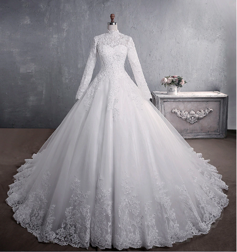 Elegant High Neck With Train Princess Bride Dress Luxury Lace Embroidery Wedding Gown - TulleLux Bridal Crowns &  Accessories 