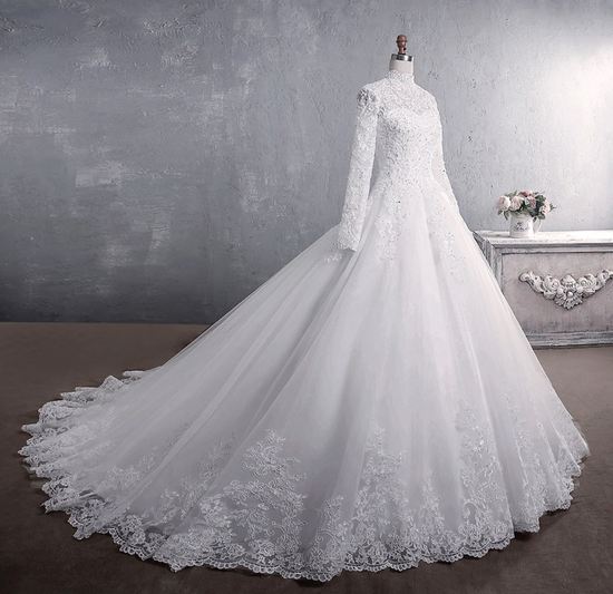 Elegant High Neck With Train Princess Bride Dress Luxury Lace Embroidery Wedding Gown - TulleLux Bridal Crowns &  Accessories 