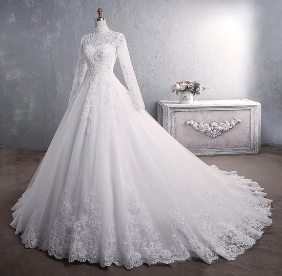 Load image into Gallery viewer, Elegant High Neck With Train Princess Bride Dress Luxury Lace Embroidery Wedding Gown - TulleLux Bridal Crowns &amp;amp;  Accessories 
