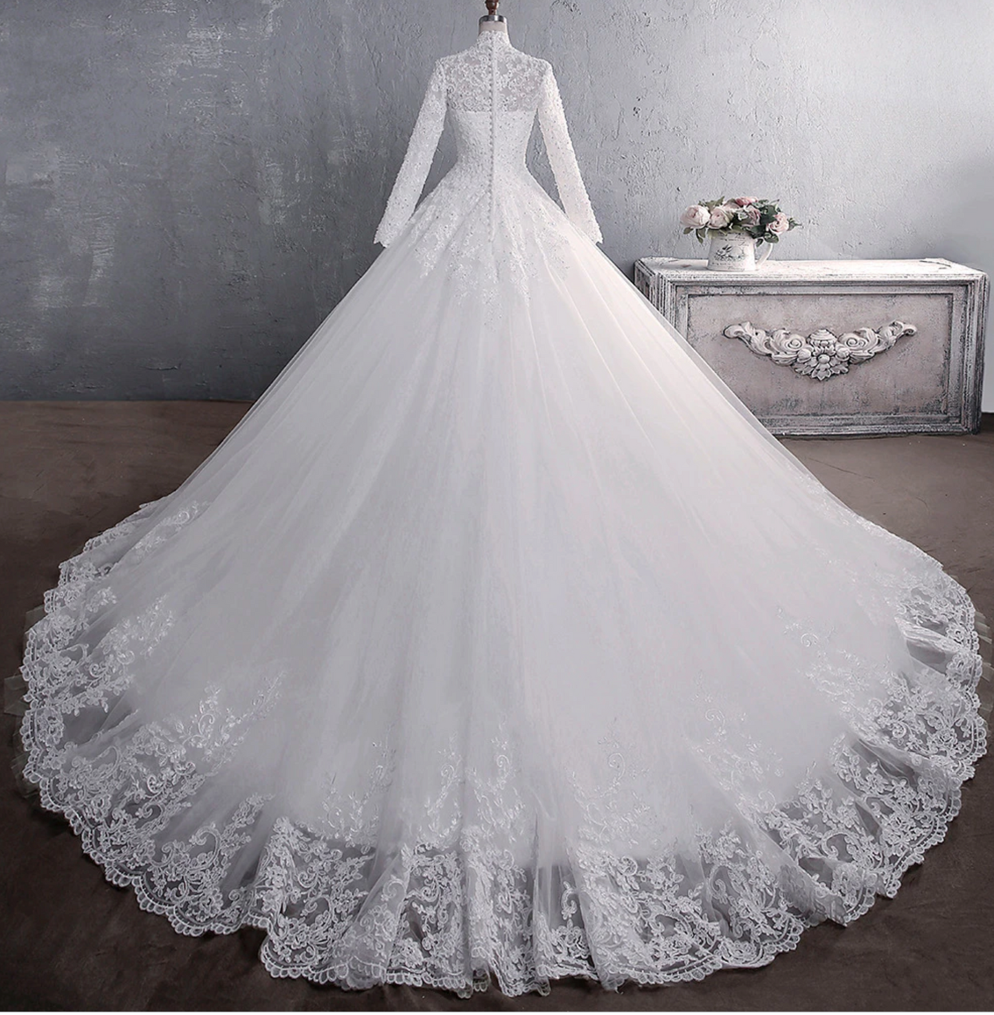 Load image into Gallery viewer, Elegant High Neck With Train Princess Bride Dress Luxury Lace Embroidery Wedding Gown - TulleLux Bridal Crowns &amp;amp;  Accessories 
