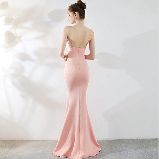 Load image into Gallery viewer, Satin Bare Back Split Simple Long Crystal V-neck Mermaid Party/Prom Dress
