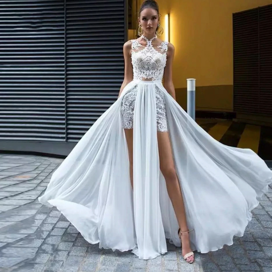 Load image into Gallery viewer, Double Side Split Halter Wedding Dress A-Line Sleeveless Backless Chiffon Bridal Gown - TulleLux Bridal Crowns &amp;amp;  Accessories 

