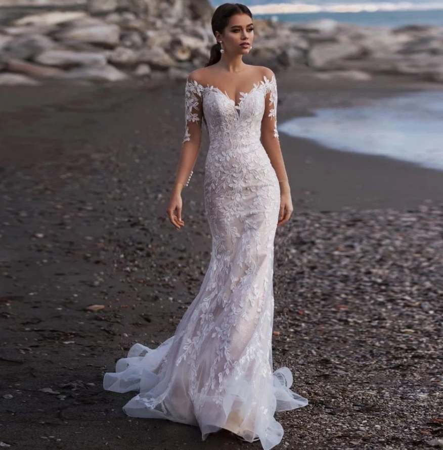 Long Illusion Lace Mermaid Backless with Buttons Wedding Bridal Gown - TulleLux Bridal Crowns &  Accessories 