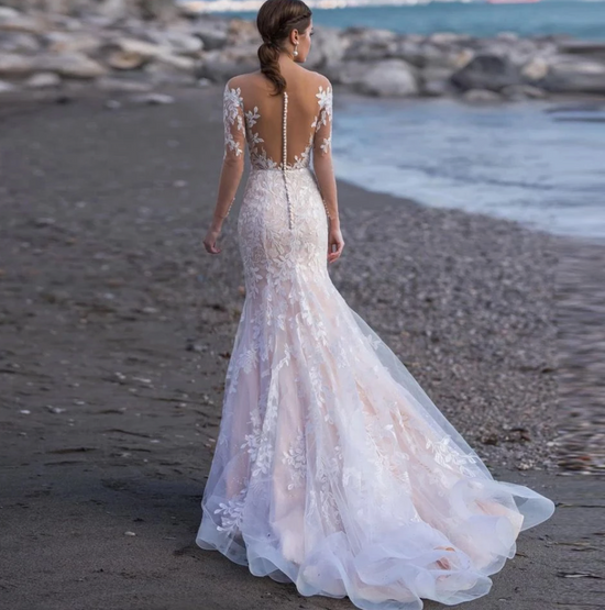 Long Illusion Lace Mermaid Backless with Buttons Wedding Bridal Gown - TulleLux Bridal Crowns &  Accessories 
